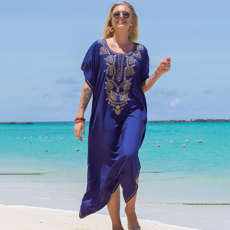 Blue Embroidered Vacation Robe Loose Seaside Beach Dress Sun Protection Clothing Bikini Swimsuit Blouse Bella Mia