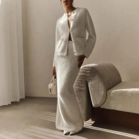 Plush Long-Sleeved Skirt Set Autumn Winter Single Breasted Cardigan Skirt Set Bella Mia