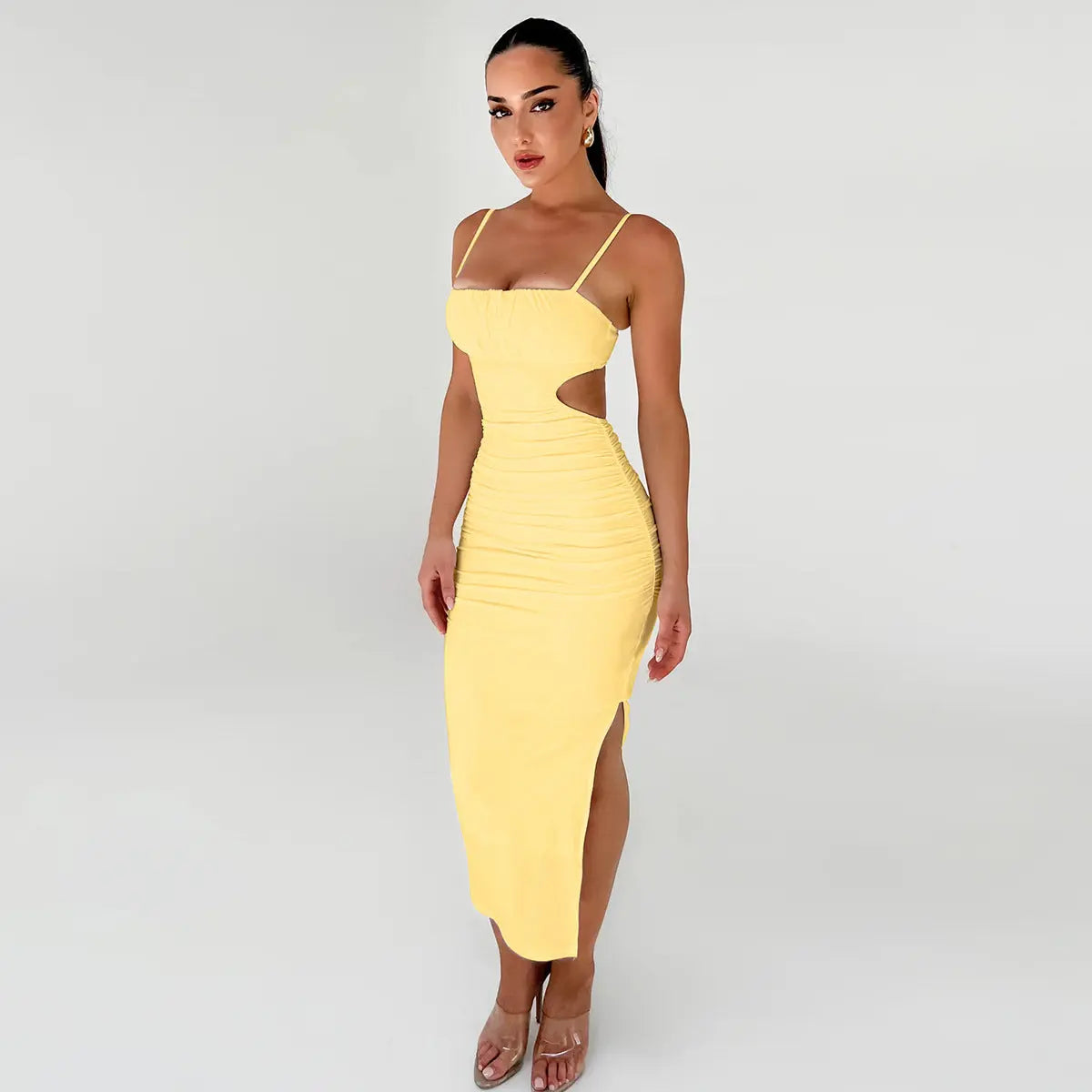 Women Cami Dress Sexy Backless Ruffle Hip Side Slit Maxi Dress Bella Mia