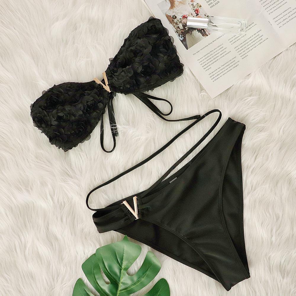 Black Floral Tube Top Deep V Plunge Sexy Bikini Two Piece Sets Beach Spring Vacation Swimsuit Bella Mia