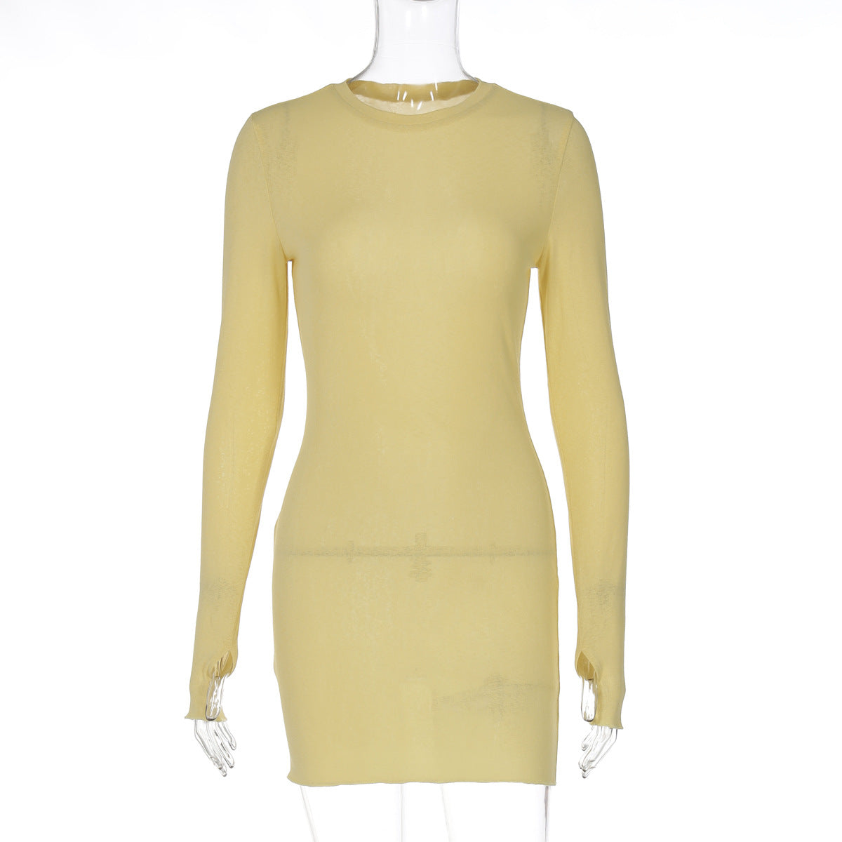 Women Clothing Fashionable Elegant Sexy Micro Transparent Solid Color round Neck Long Sleeve Skinny Sheath Dress Bella Mia