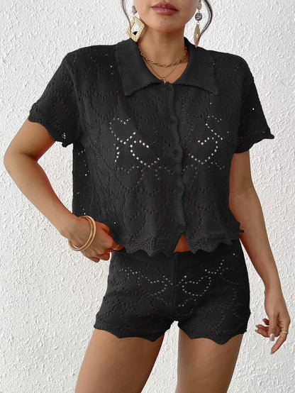 Women Two Piece Sets Beach Cover up Women Clothing Polo Collar Top Mini Hip Pants Shorts Two Piece Sets