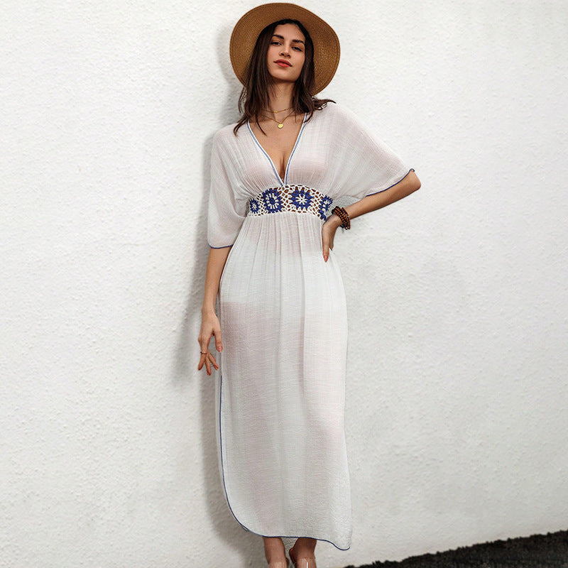 Summer Solid Color Dress Knitted Embroidered Holiday Beach Sun Shield Women Bella Mia