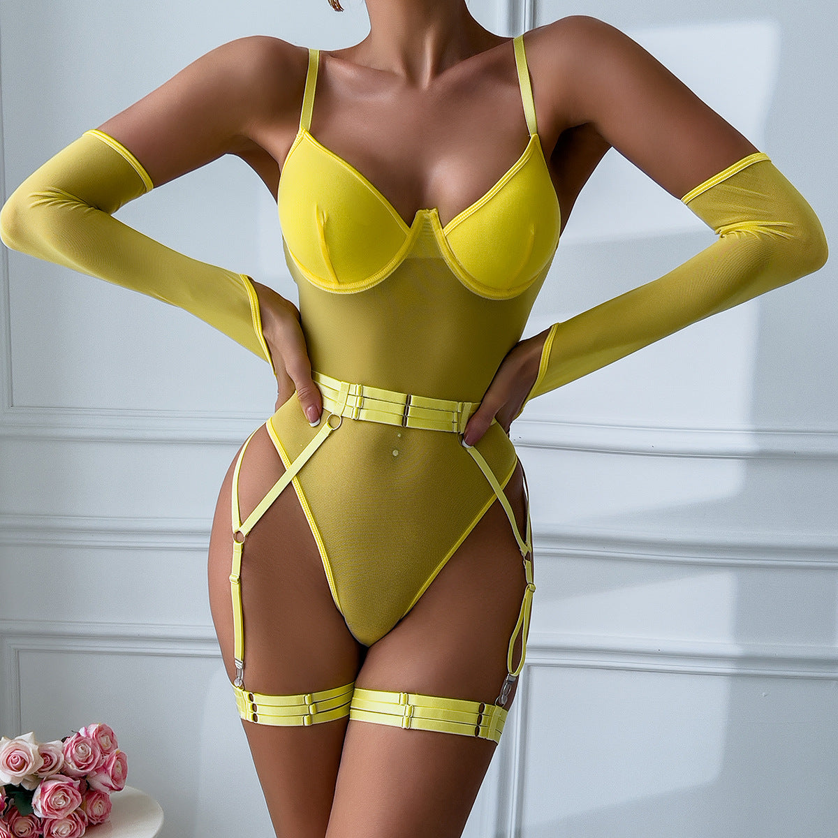 Sexy Underwear Mesh Strap Splicing Tape Gloves Sleeveless Jumpsuit Suit Bella Mia