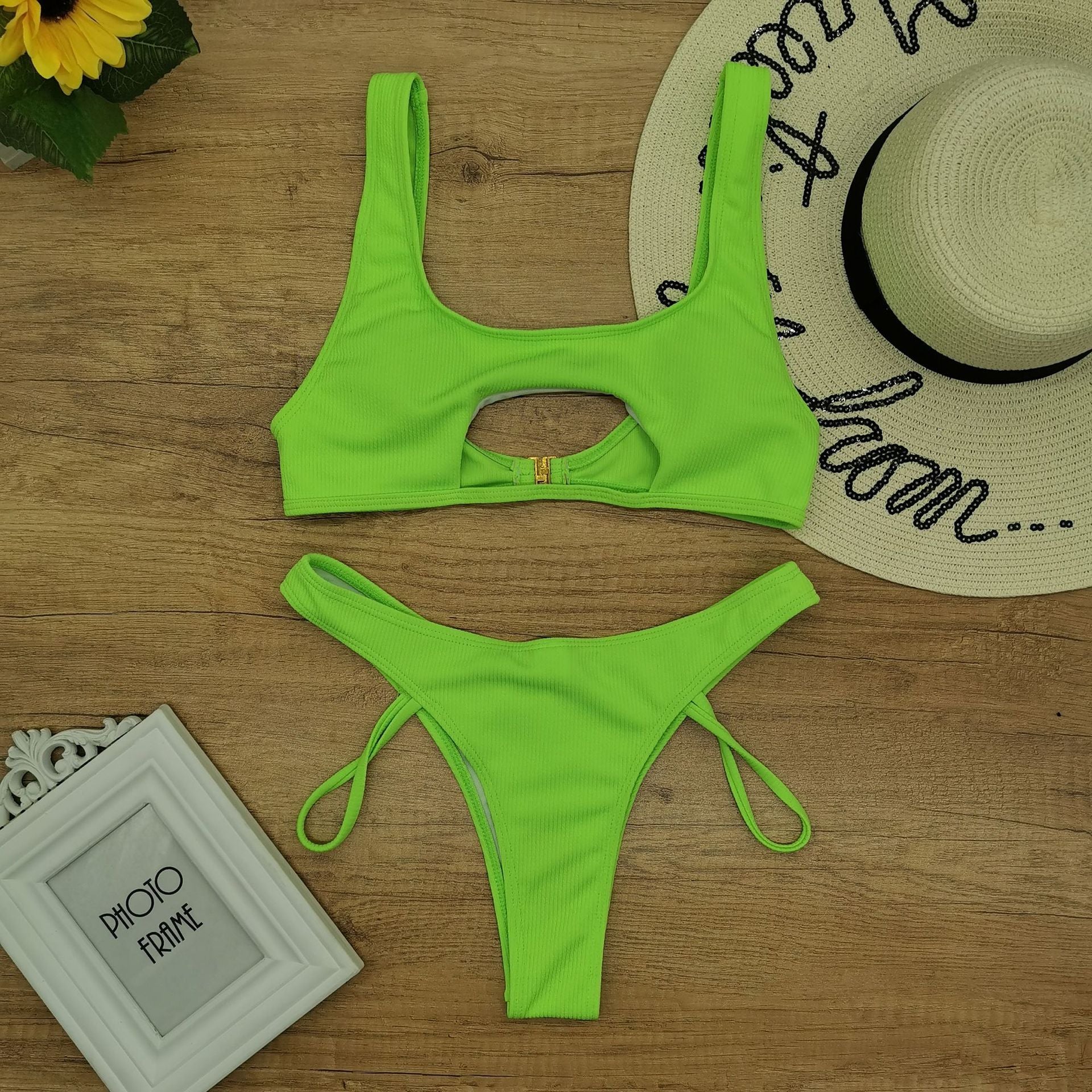 Solid Color Split Hollow Out Cutout Snake Fabric Swimsuit Women Sexy Halter Bikini Bella Mia