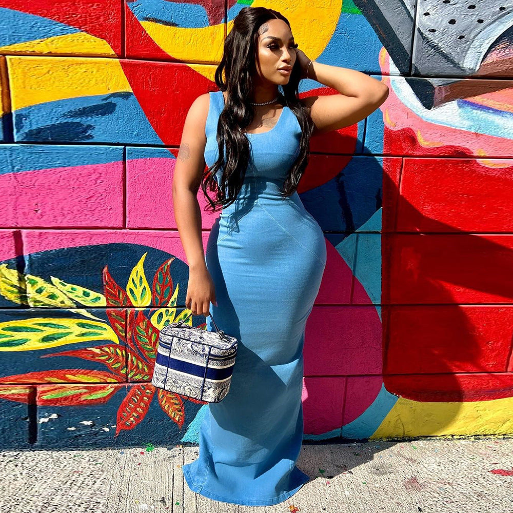 Denim Women Wear Spring Summer Sexy Backless Zipper High Elastic Split Dress for Women Bella Mia