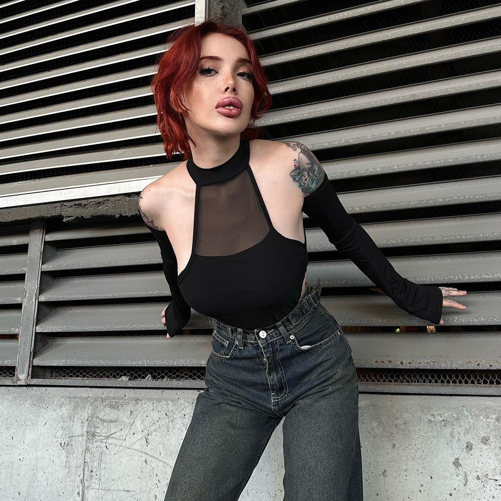 Autumn Winter Sexy Split Long Sleeve Crotch Mesh Hollow Out Cutout High Elastic One Piece Women Top Bella Mia