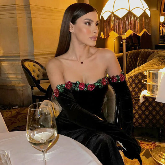 Spring Summer Floral Sequin Lace Decoration Velvet Dress Women Clothing Dress with Gloves Bella Mia