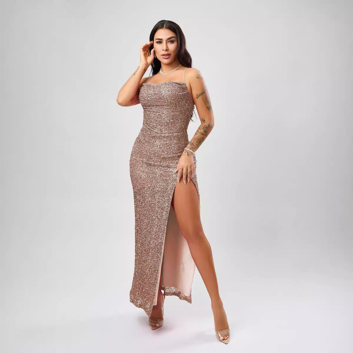 Sequin Formal Dress Autumn Winter Women Sexy Sleeveless Split Dress Bella Mia