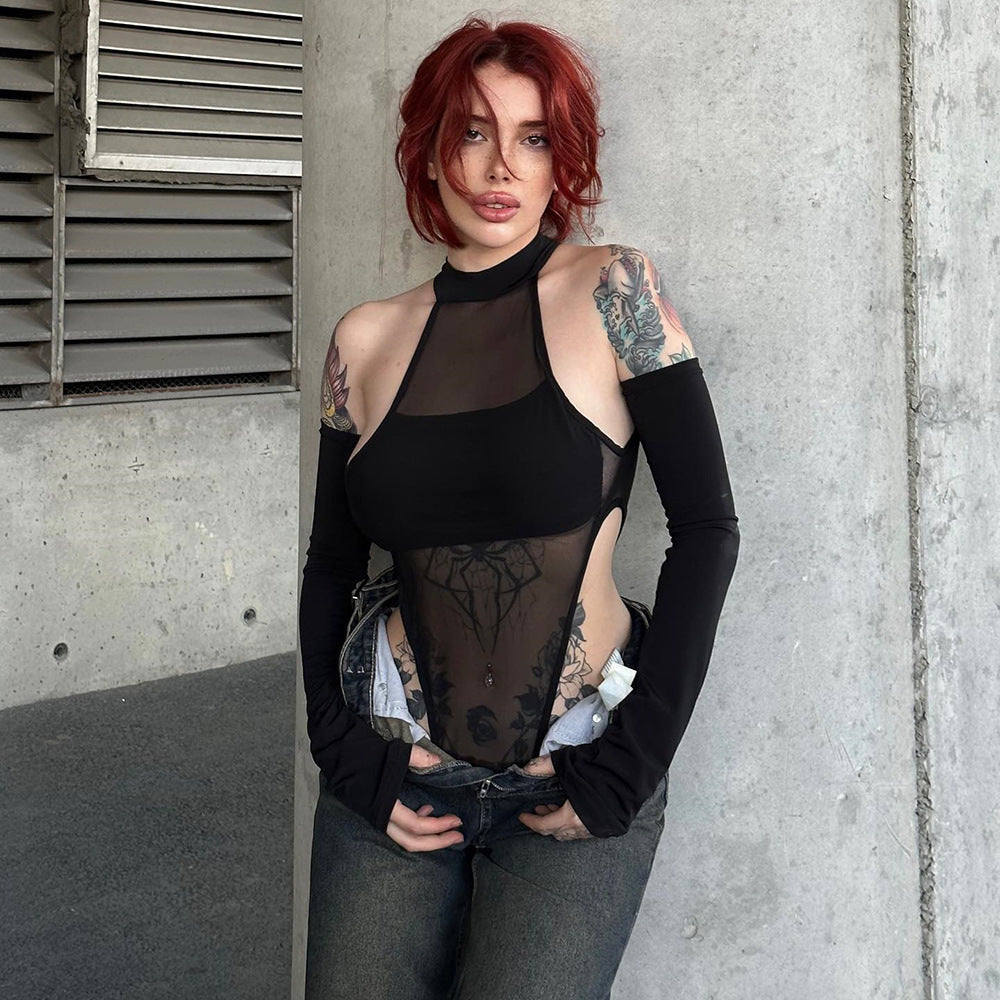 Autumn Winter Sexy Split Long Sleeve Crotch Mesh Hollow Out Cutout High Elastic One Piece Women Top Bella Mia