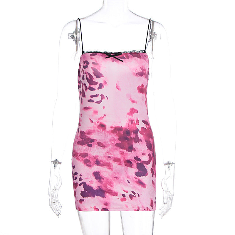 Summer Printed Sexy Sling Backless Waist Trimming Hip Bag Dress
