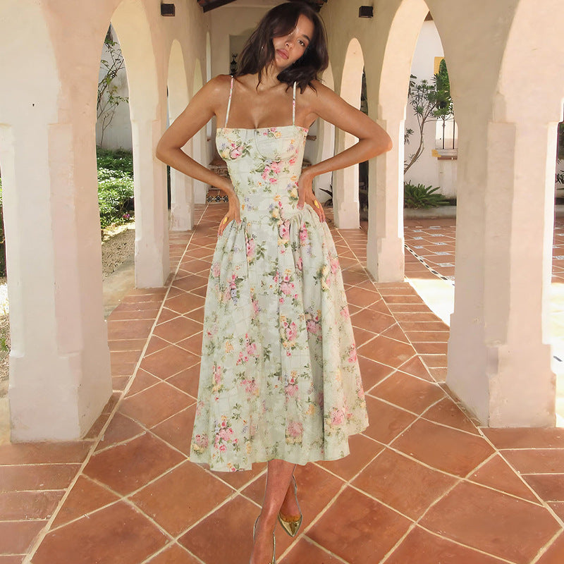 Summer Women Clothing French Sexy Backless Waist Trimming Slimming Printed Dress Women Bella Mia