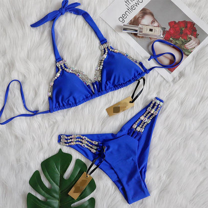 Sexy Metal Accessories Rhinestone Women Split Swimwear Vacation Bikini Plain Bandage Swimsuit