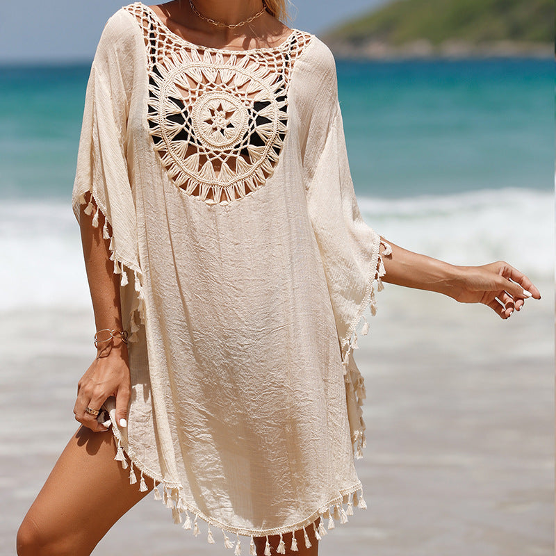 Vacation Hand Crocheting Solid Color Stitching Beach Dress Fimbrilla Sun Protection Short Sexy Beach Blouse Bella Mia