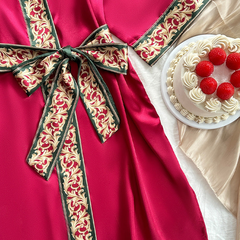 Ice Silk Nightdress Four Seasons Simplicity Homewear Sexy Mid Length to Long Cardigan Nightgown Bathrobe Women Chinese Nightgown Bella Mia