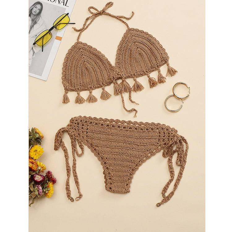 Beach Vacation Knitted Hand Crocheting Sexy Bikini Tassel Shell Strap Split Suit Multi-Color Optional Crochet hook Bella Mia
