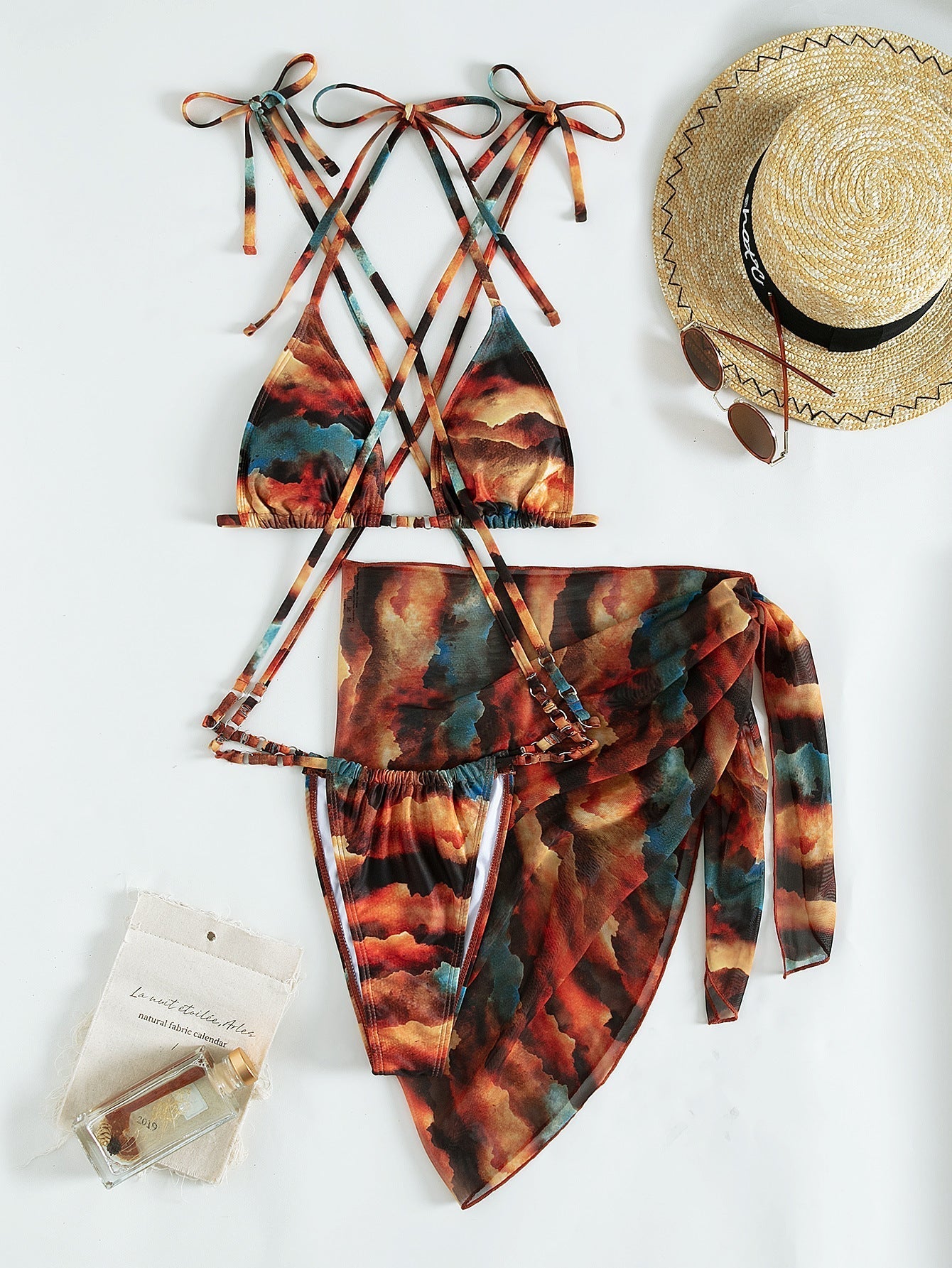 Gradient Printing Series with Net Hanfu Long Robe Sexy Three Piece Set Swimsuit Swimwear Women Bella Mia