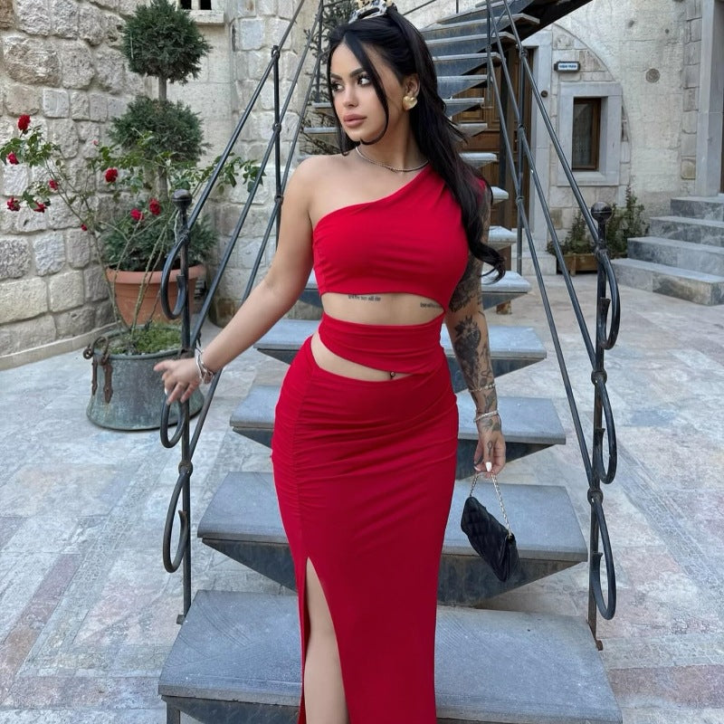 Solid Color Slim Fit Oblique Shoulder Sexy Cutout Sexy Split Irregular Asymmetric Dress Bella Mia