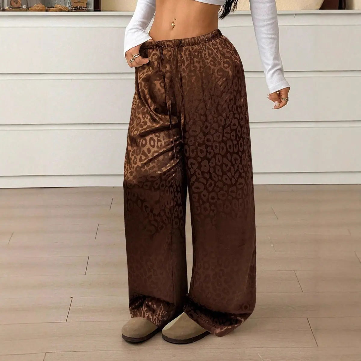 Women Clothing Autumn Satin Casual Pants Drawstring Leopard Print Mop Wide Leg Pants Long Pants Bella Mia