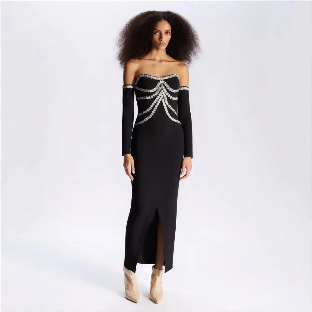 Heavy Industry Beads Rhinestone off-Shoulder Bandage One Piece Dress Party Dinner Tube Top Split Dress Bella Mia