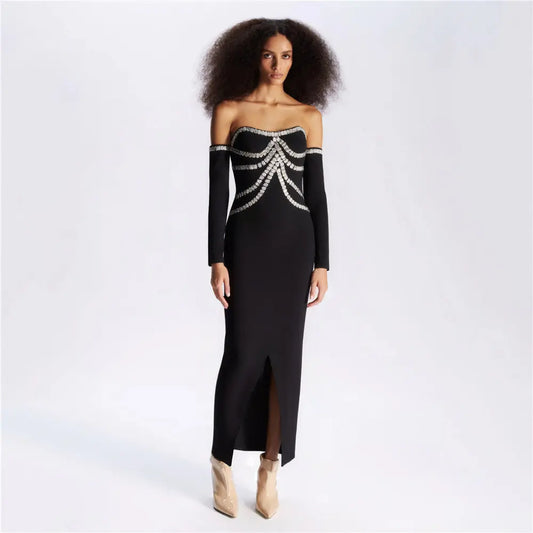 Heavy Industry Beads Rhinestone off-Shoulder Bandage One Piece Dress Party Dinner Tube Top Split Dress Bella Mia