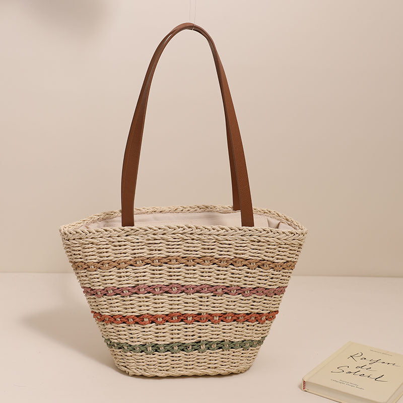 Colorful Striped Shoulder French Straw Bag Large Capacity Woven Bag Women Seaside Vacation Beach Bag Bella Mia