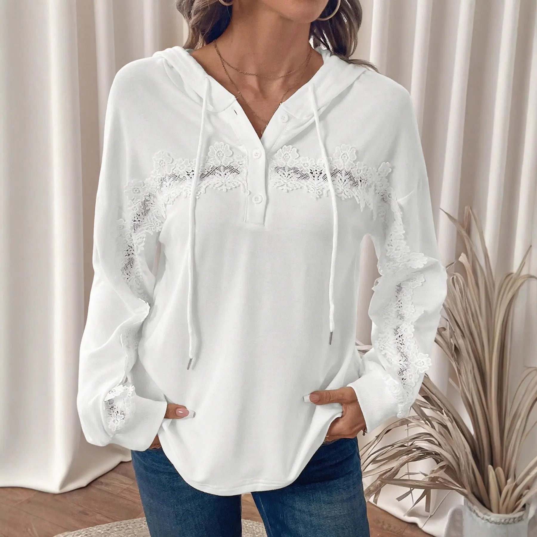 Women Lace Patchwork Hoodie Embroidered Pullover Top Solid Color Spring Fall Bella Mia