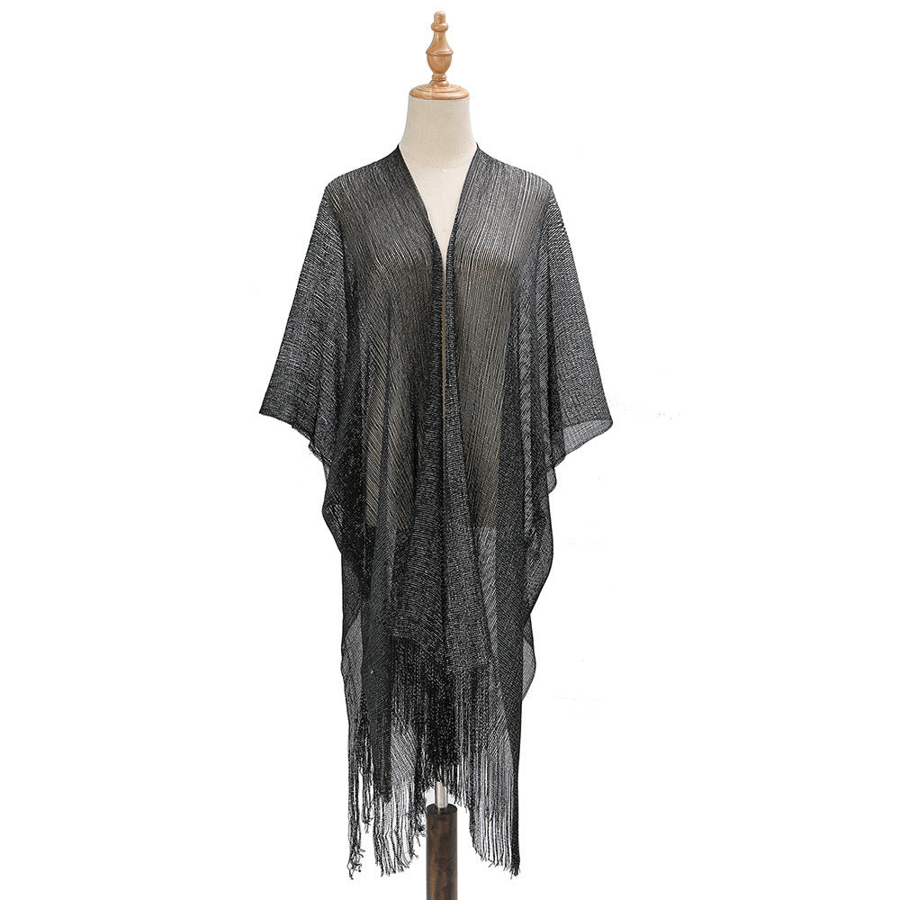 Beach Solid Color Sun Proof Tassel Knitting Beach Cover Up Sweater Shawl Cardigan Bella Mia