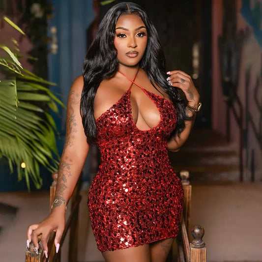 Women Autumn Elegant Slim Fit Sequined Sleeveless Strap Halter Short Dress Bella Mia