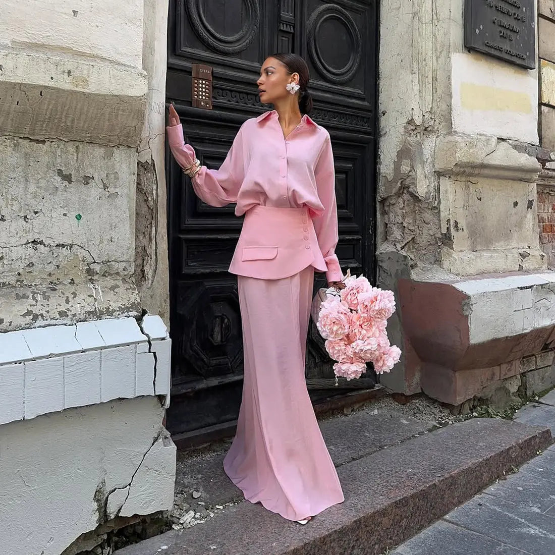 Women Clothing Fall Collared Long Sleeve Shirt Solid Color Waist Seal Skirt Three Piece Set Bella Mia