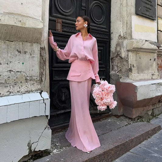 Women Clothing Fall Collared Long Sleeve Shirt Solid Color Waist Seal Skirt Three Piece Set Bella Mia