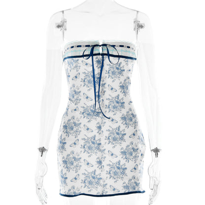 Spring Summer Printed Dress Sexy Backless Lace up Tube Top Lace Hip for Women