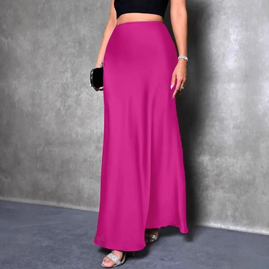 Satin A Line Maxi Skirt For Women Slim Zipper Solid Pattern Seasonless Bella Mia