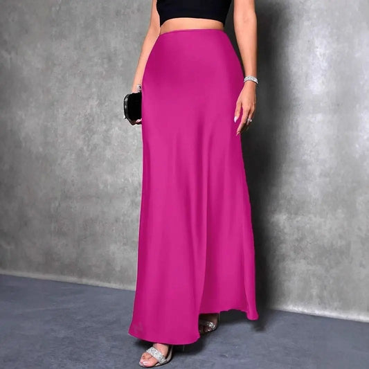 Satin A Line Maxi Skirt For Women Slim Zipper Solid Pattern Seasonless Bella Mia
