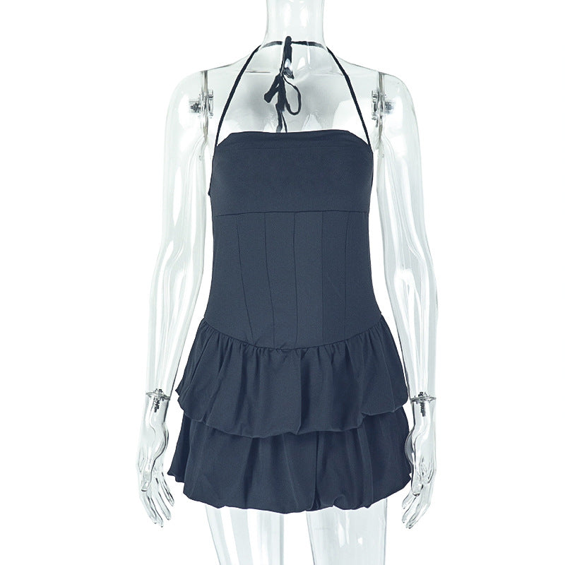 Elegant Sexy Backless Pleated A line Halterneck off Shoulder Dress Fresh Simple Women Clothing Bella Mia