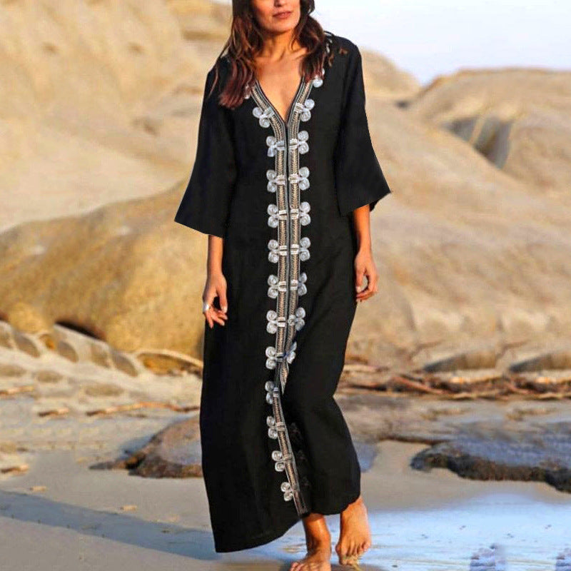 Rayon Embroidered Robe Loose Beach Dress Bikini Swimsuit Blouse Vacation Dress Sun Protection Clothing Women Bella Mia