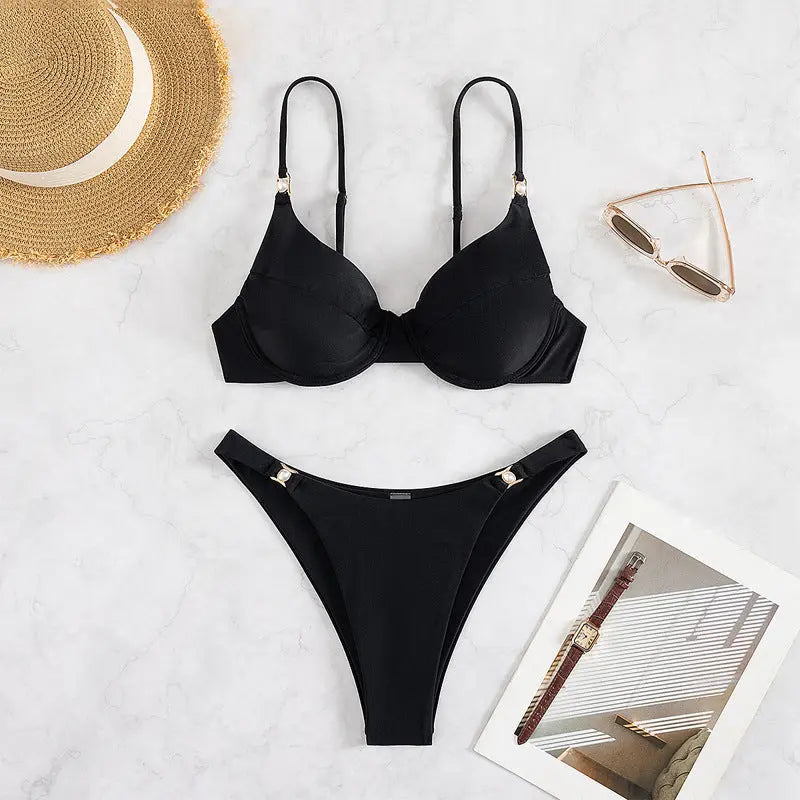 Sexy Split Bikini Swimsuit Black Push Up With Steel Bracket Pearl Boho Vacation Bella Mia