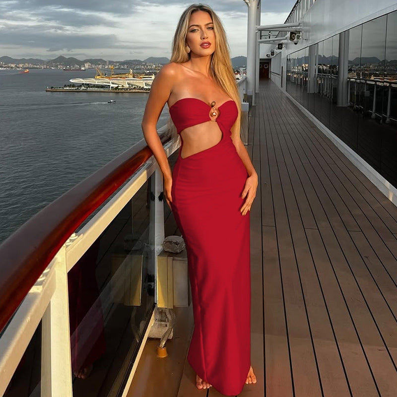 Summer Metal Decoration Stitching Hollow Out Cutout out Dress Sexy Slim Tube Top Dress Women Bella Mia