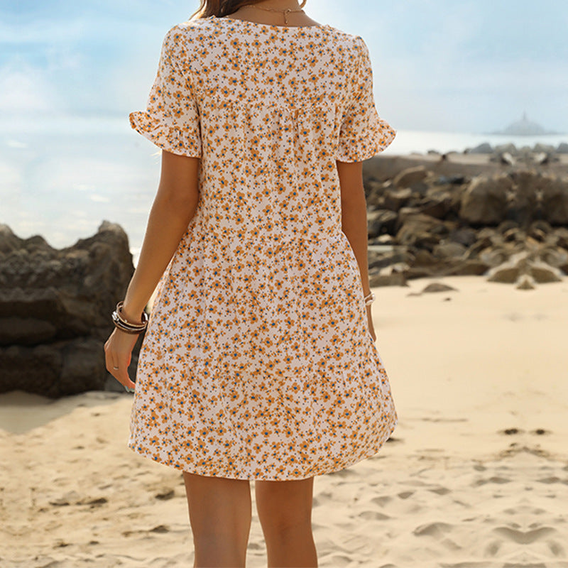 Summer Women Clothing Short Sleeve Ruffled Round Neck Printed Seaside Holiday Dress