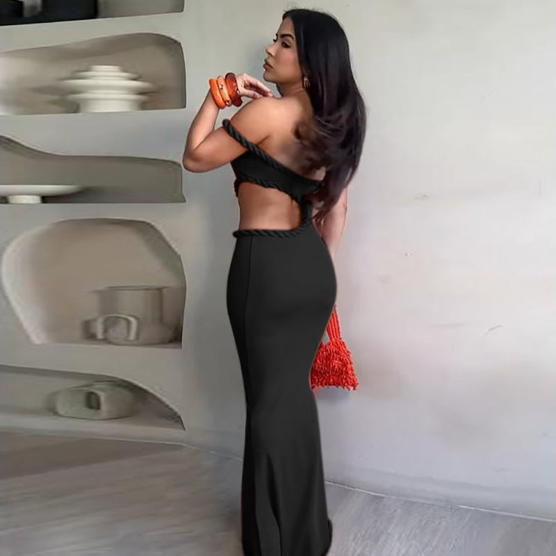 Summer Women Clothing Sexy off Neck Hollow Out Cutout out Cropped Slim Hip Dress Bella Mia