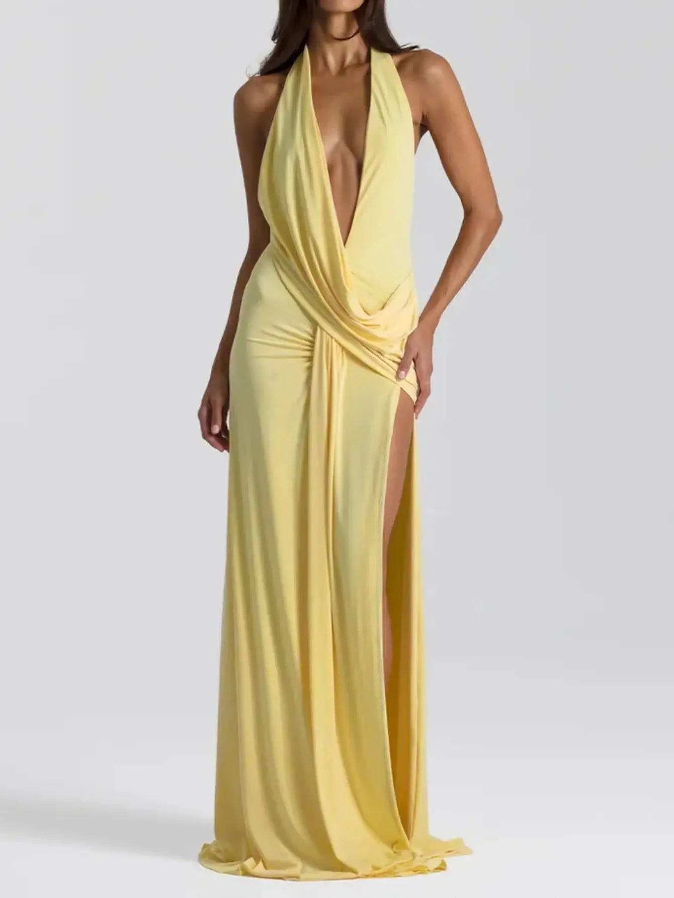 Women Deep V Plunge neck Lace up Backless Sexy Streamers Dress Sexy Maxi Dress Bella Mia