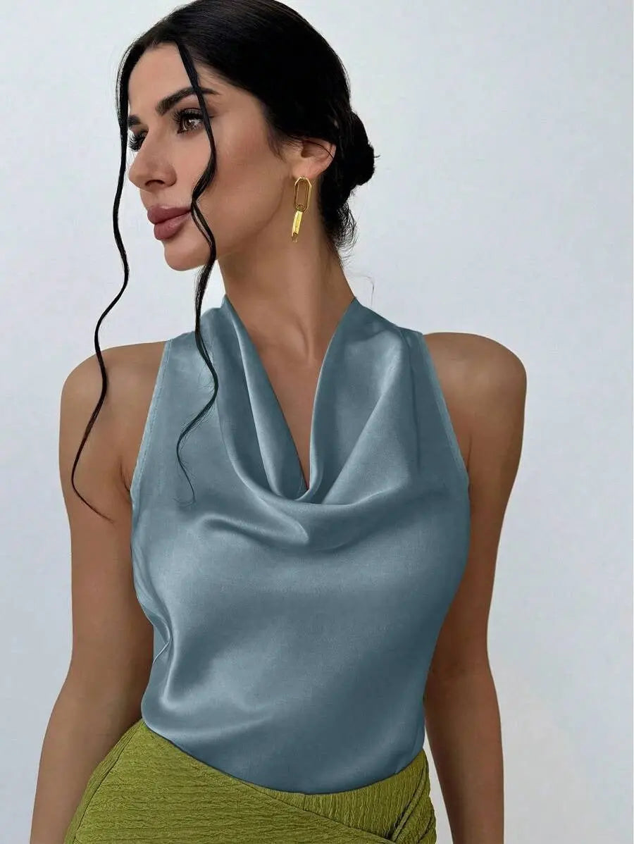 Elegant Satin Halter Tank Top Sleeveless With Cowl Neck And Tie Detail Bella Mia