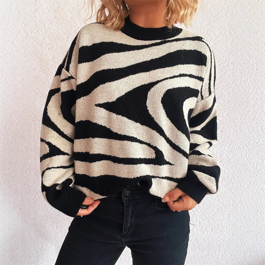 Women Clothing Fall Knitted Pullover Zebra Pattern round Neck Shabby Sweater Bella Mia