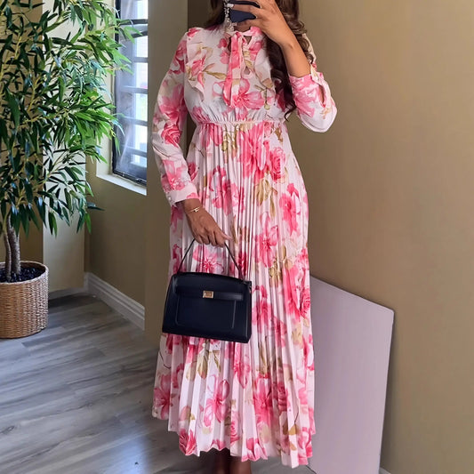 Women Elegant Floral Print Pleated Maxi Dress With Tie Neck Long Sleeve Bella Mia