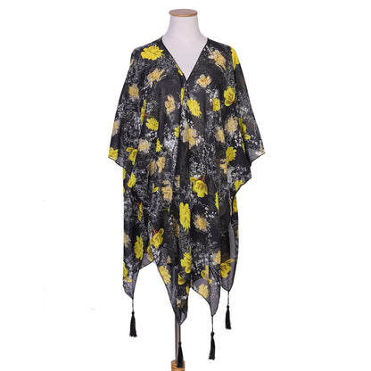 Summer Colorful Floral Print Tassel Sunshade Casual Sun Proof Sun Protection Clothing Mid Length Blouse