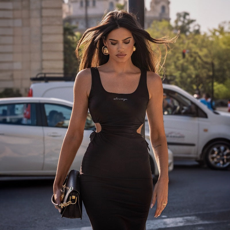 Women Clothing Summer Solid Color U Collar Lace up Cutout Sexy Slit Tight Dress Bella Mia