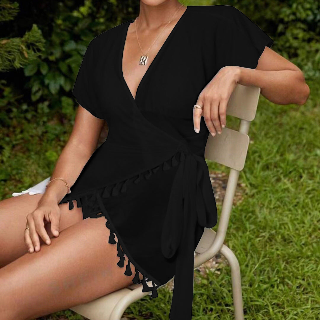 Beach Sun Protection Clothing Three Piece Sets Tassel Chiffon Shawl Swimsuit Swimwear Women Bella Mia