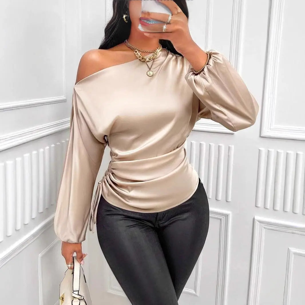 Women Clothes Satin Shirt Autumn Winter Asymmetric Long Sleeve Diagonal Collar Shirt Top Bella Mia