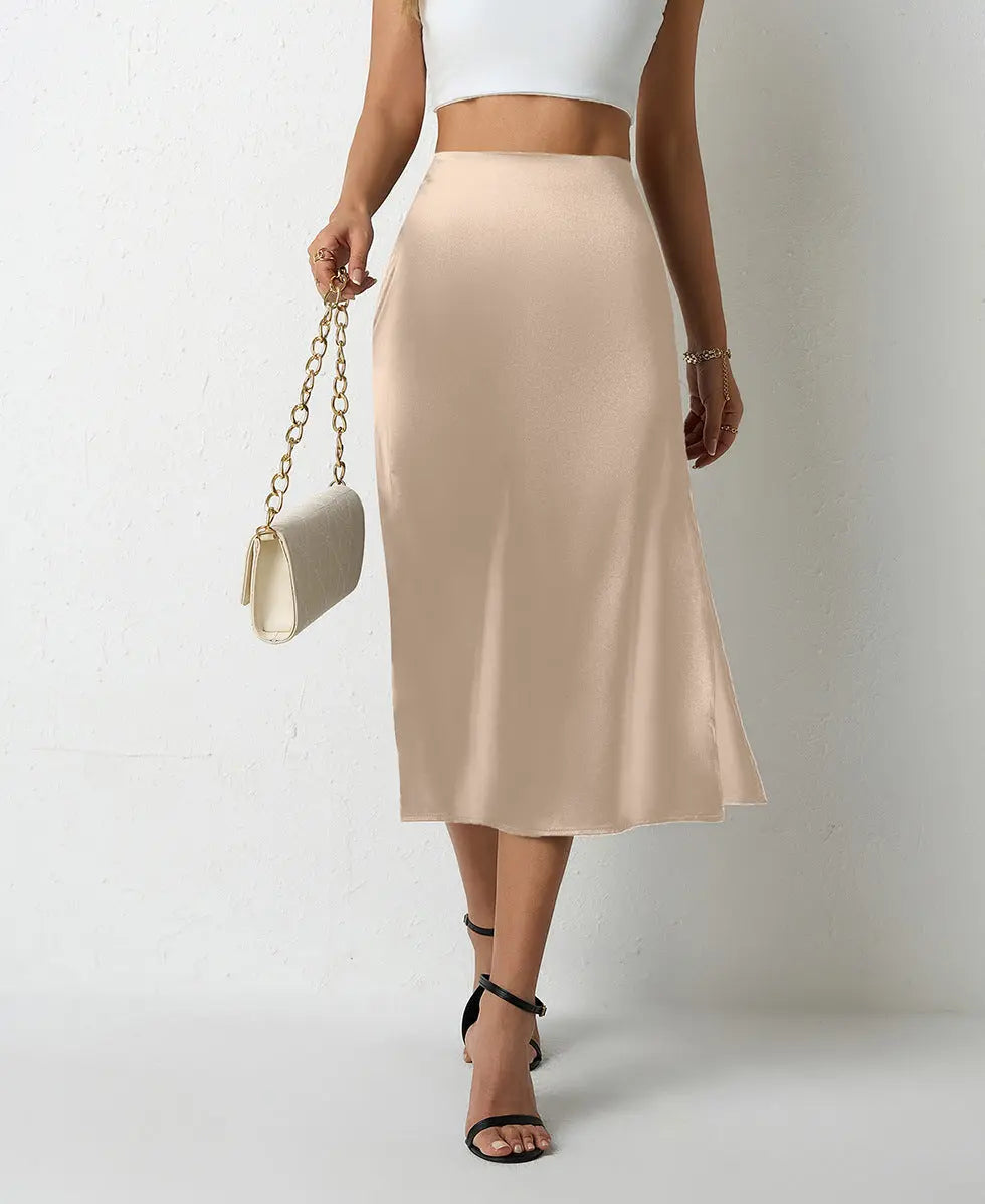 Women Clothing Popular Satin Skirt Women Summer Mid Length Split Professional A line Skirt High Waist Skirt Bella Mia