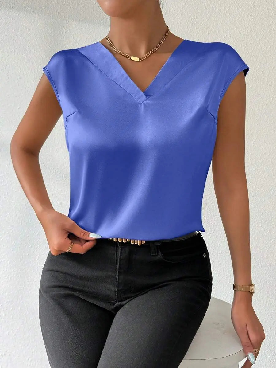 Spring Summer Satin Shirt Women Party V neck Casual Short Sleeve Satin Shirt Bella Mia